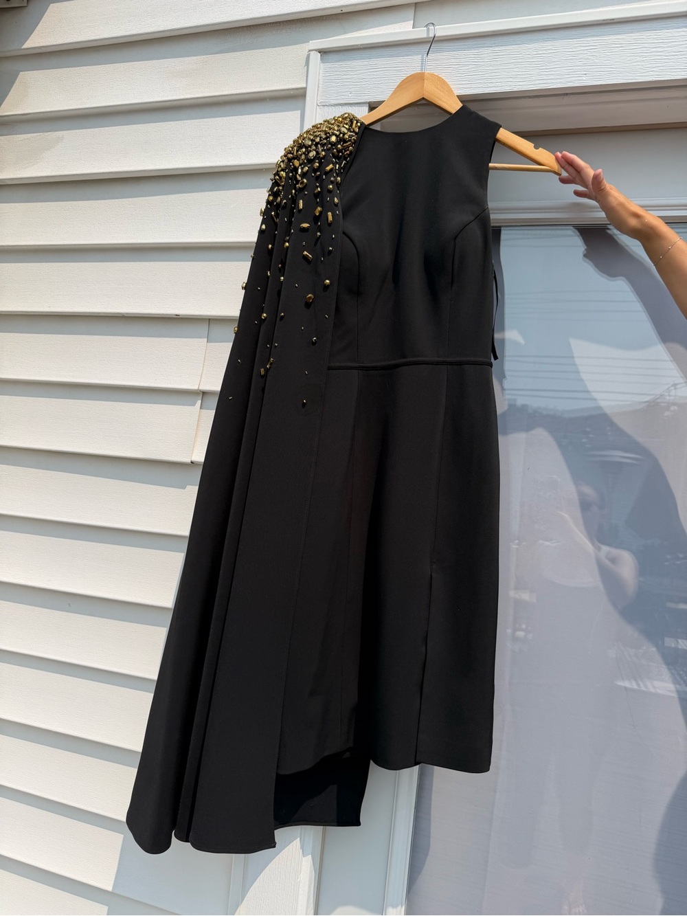 Custom Black Embellished Shoulder Cape Dress